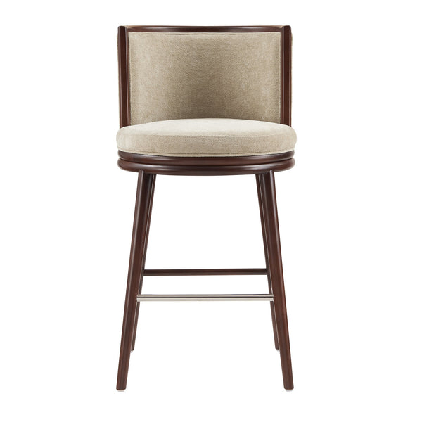 English Elm Evalyn Natural Textured Chenille Barstool — Round Padded Seat, Beech Wood Frame, Footrest, Commercial Grade B365P398037