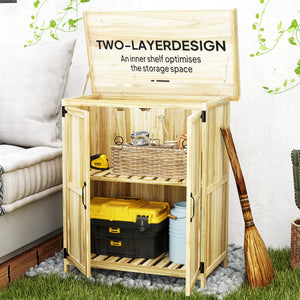 English Elm Wooden Garden Potting Bench with Fir Construction Steel Top and Weatherproof Tool Cabinet T3971P423152