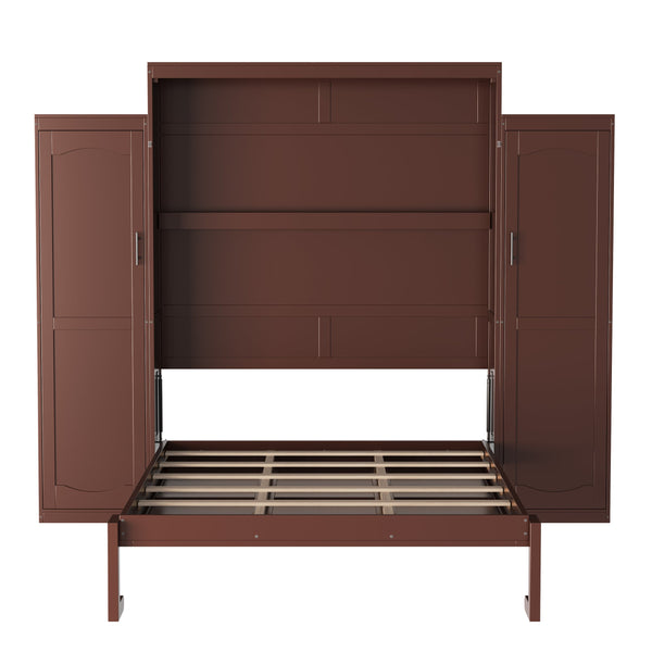 English Elm Queen Murphy Wall Bed Walnut Wooden Frame Dual Wardrobes Foldable Guest Room Storage N733S235627D