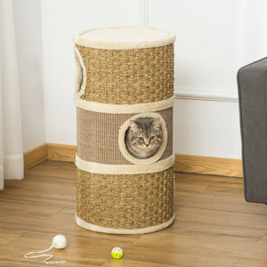 English Elm PawHut 3-Story Cat Condo Barrel House with Sisal Scratcher, Plush Lined Hideaway for Indoor Cats W2225P229193