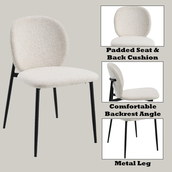 English Elm Klaus Modern White Bouclé Side Chair Set of 2 with Padded Seat & Back, Black Metal Frame, 220lb Capacity B2726P309349