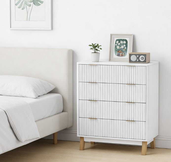 English Elm Contemporary Fluted 4 Drawer White Dresser with Gold Pulls and Rubberwood Legs T3971P431287