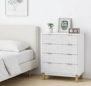 English Elm Contemporary Fluted 4 Drawer White Dresser with Gold Pulls and Rubberwood Legs T3971P431287