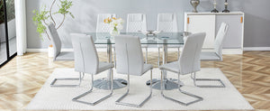 English Elm Table and Chair Set Tempered Glass Top Seats Eight with Pu Leather Dining Chairs Light Gray,Silver,Transparent W1151S04553