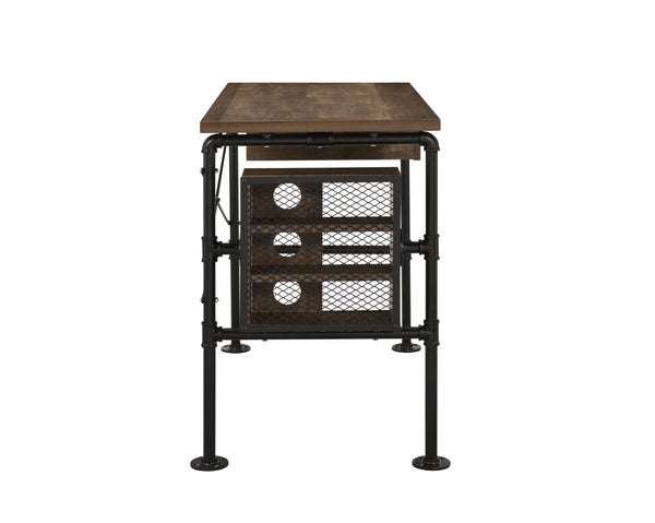 English Elm Endang Weathered Oak & Black Writing Desk with Drawer and 3-Tier Left Shelf, KD Metal Frame B2726P279122