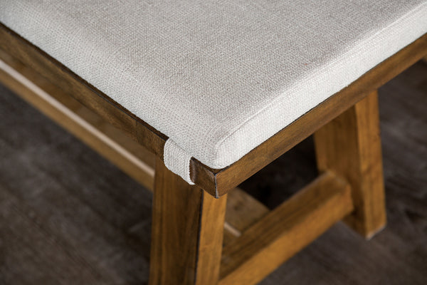 English Elm 1pc Upholstery Bench with Soft Rounded Corners, Light Finish, Upholstered Seat, Contemporary Dining Appeal Brown,White 81 L x 19 W x 8 H B011P366756