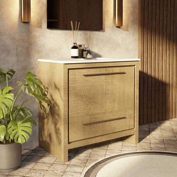English Elm Lafarre Rustic Acacia 36" Bath Vanity w/ White Quartz Top, Gun Metal Faucet, Soft-Close Storage B2731P337003
