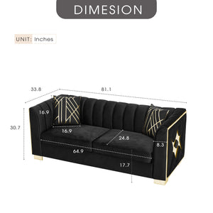English Elm 81" Tufted Velvet Chesterfield Sofa with Gold Steel Legs for Elegant Living Rooms Black W1191S00063