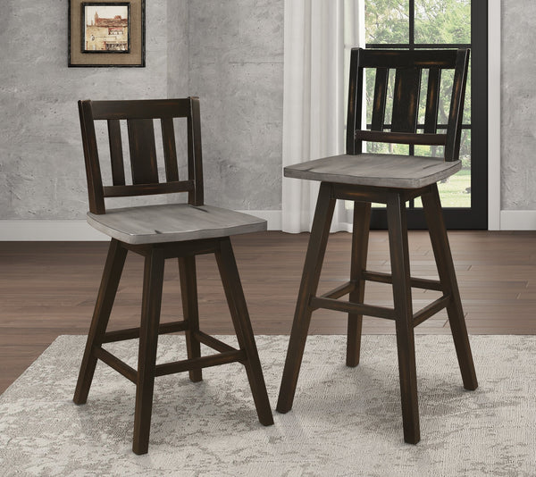 English Elm Counter Height Chairs Set Of 2 - Black Gray 360° Swivel Rustic Rubberwood Dining Furniture B011P194907