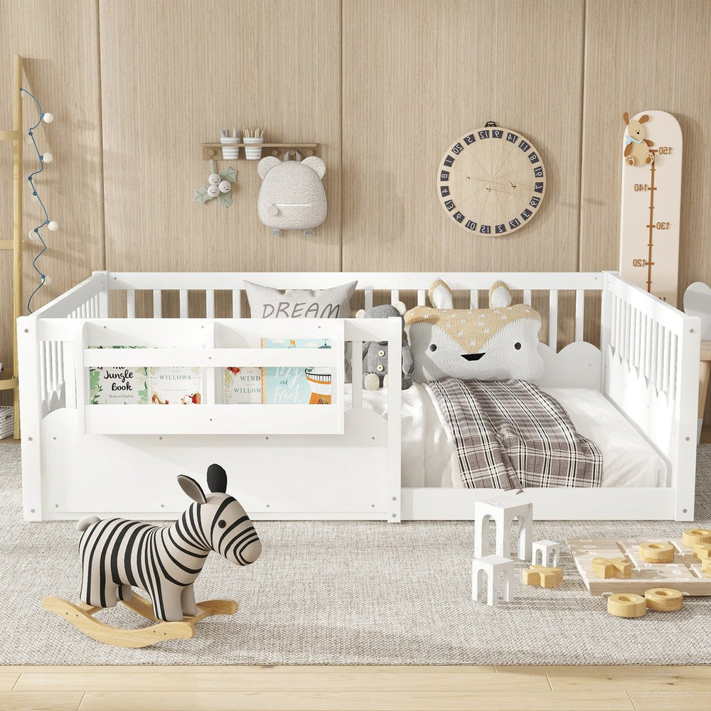 English Elm Twin Low Profile Kids Floor Bed Pine Wood Frame with Safety Rail and Built in Bookshelf White W1580P373138