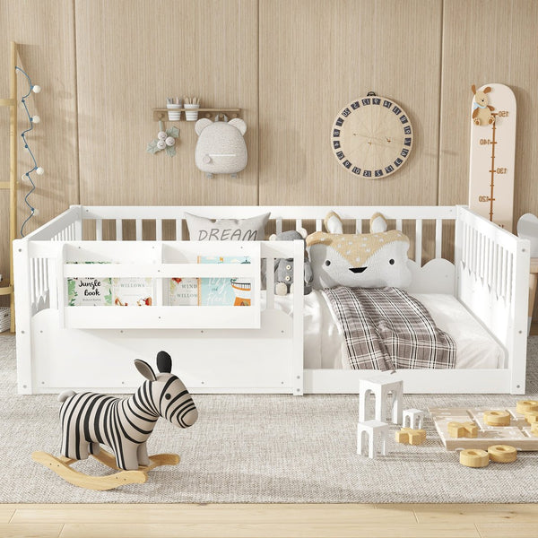English Elm Twin Low Profile Kids Floor Bed Pine Wood Frame with Safety Rail and Built in Bookshelf White W1580P373138