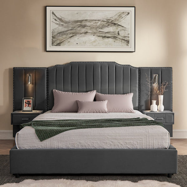 English Elm Queen Velvet Platform Bed with Tufted Headboard Integrated Nightstands and Striped Design Gray W487S00443