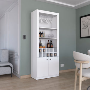 English Elm Nero 74-Inch Tall Modern Bar Cabinet with 10-Bottle Cubbies, 16 Stemware Slots & 4 Shelves, White B200P188834