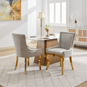 English Elm Chenille Modern Dining Chair with Curved Gold-Plated Legs, Rivet Trim, Textured Upholstery Comfort Beige W1143P332684