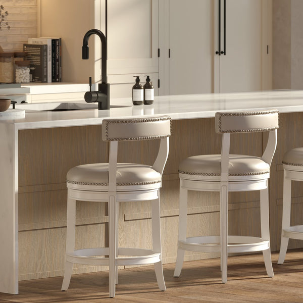English Elm 26" Counter Height Swivel Barstool Woven Linen Seat Nailhead Trim Solid Wood Frame White B2751P436450