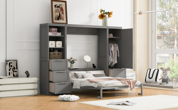 English Elm Queen Murphy Wall Bed with Wardrobe Drawers and Shelves for Studio or Guest Room Gray LP000865AAE-2