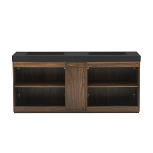 English Elm Galan 72 Inch Double Sink Vanity Fluted Wood Quartz Top Freestanding Bathroom Cabinet Walnut Brown W1865S00231