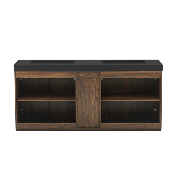 English Elm Galan 72 Inch Double Sink Vanity Fluted Wood Quartz Top Freestanding Bathroom Cabinet Walnut Brown W1865S00231