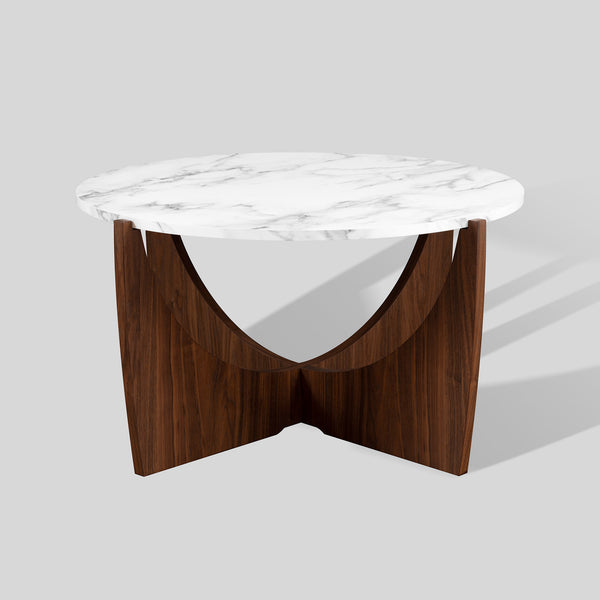35" Round Coffee Table with Open Crossed Arch Base Calacatta Marble, Dark Walnut LNAL1KCMDW Walker Edison