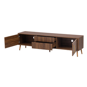 English Elm Mid Century TV Stand Walnut Finish with 2 Drawers, Cable Management, Solid Wood Legs, 80'' Safe Storage and Style N710P222772P
