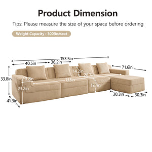 English Elm Modular 4-Seat L-Shaped Sectional Sofa - Plush Corduroy Couch With Movable Ottoman & Pillows W3041S00321