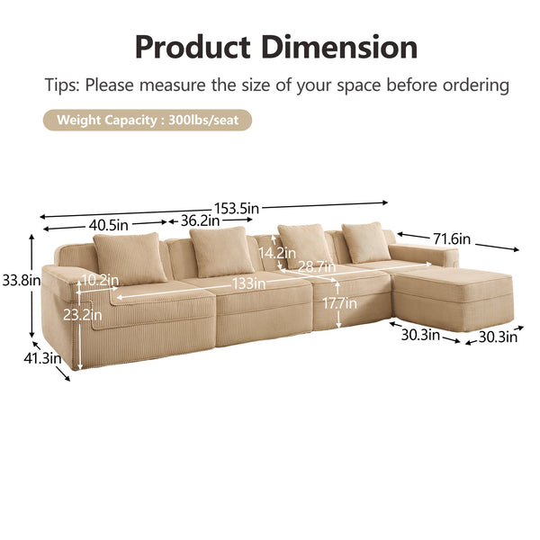 English Elm Modular 4-Seat L-Shaped Sectional Sofa - Plush Corduroy Couch With Movable Ottoman & Pillows W3041S00321