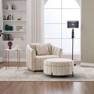 English Elm 40.35"W Oversized 360° Swivel Barrel Chair & Ottoman Set - Velvet Pumpkin Club Chair With 3 Pillows W3118S00009