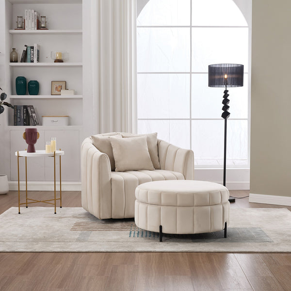 English Elm 40.35"W Oversized 360° Swivel Barrel Chair & Ottoman Set - Velvet Pumpkin Club Chair With 3 Pillows W3118S00009