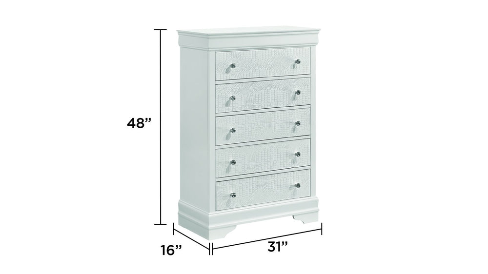 English Elm Blaze Modern 5-Drawer Chest In White Wood With Velvet-Lined Top For Elegant Bedroom Storage Solutions B009P286633