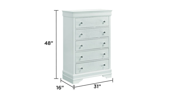 English Elm Blaze Modern 5-Drawer Chest In White Wood With Velvet-Lined Top For Elegant Bedroom Storage Solutions B009P286633