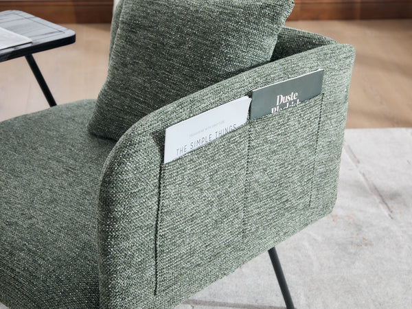 English Elm Leisure Linen Accent Chair with Built-in Side Table Pockets and Lumbar Pillow Modern Emerald W395P453314