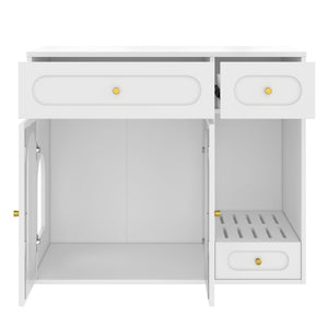 English Elm Cat Litter Box Cabinet with Led Lighting Acrylic Doors and Drawer Storage End Table White N704P402444K