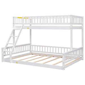 English Elm Twin Twin XL over Queen bunk bed with ladder and guardrails, sturdy pine MDF frame for small rooms White GX000464AAK
