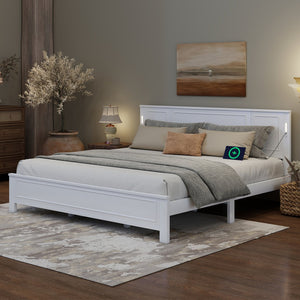 English Elm King Pine Wood Platform Bed with Led Lighting Usb Charging Tall Panel Headboard White W504S00274