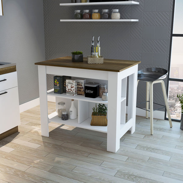English Elm Brooklyn Rustic Kitchen Island with Concealed Shelves and Walnut Accents for Stylish Storage and Prep Multicolor 45 L x 32 W x 4 H B128P148677