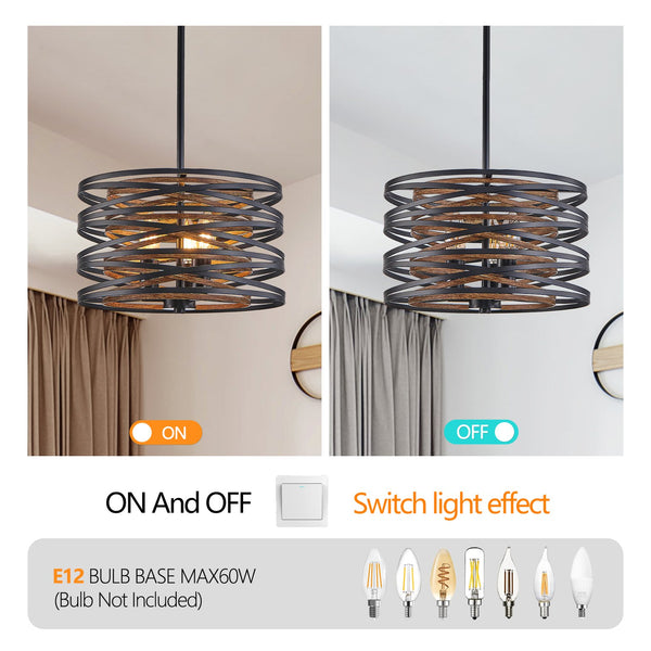 English Elm 13" Rustic Industrial Pendant Light - 3-Light Black & Walnut Metal Cage Chandelier with Wood Accents for Kitchen Island Dining Room Modern Farmhouse W2312P368683