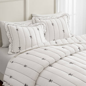 English Elm 3-piece Reversible Microfiber Quilt Set Bow Embroidery Ruffled Trim Romantic Bedroom White+Black B035P482885