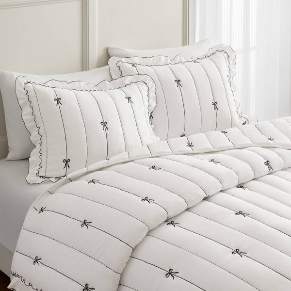 English Elm 3-piece Reversible Microfiber Quilt Set Bow Embroidery Ruffled Trim Romantic Bedroom White+Black B035P482885
