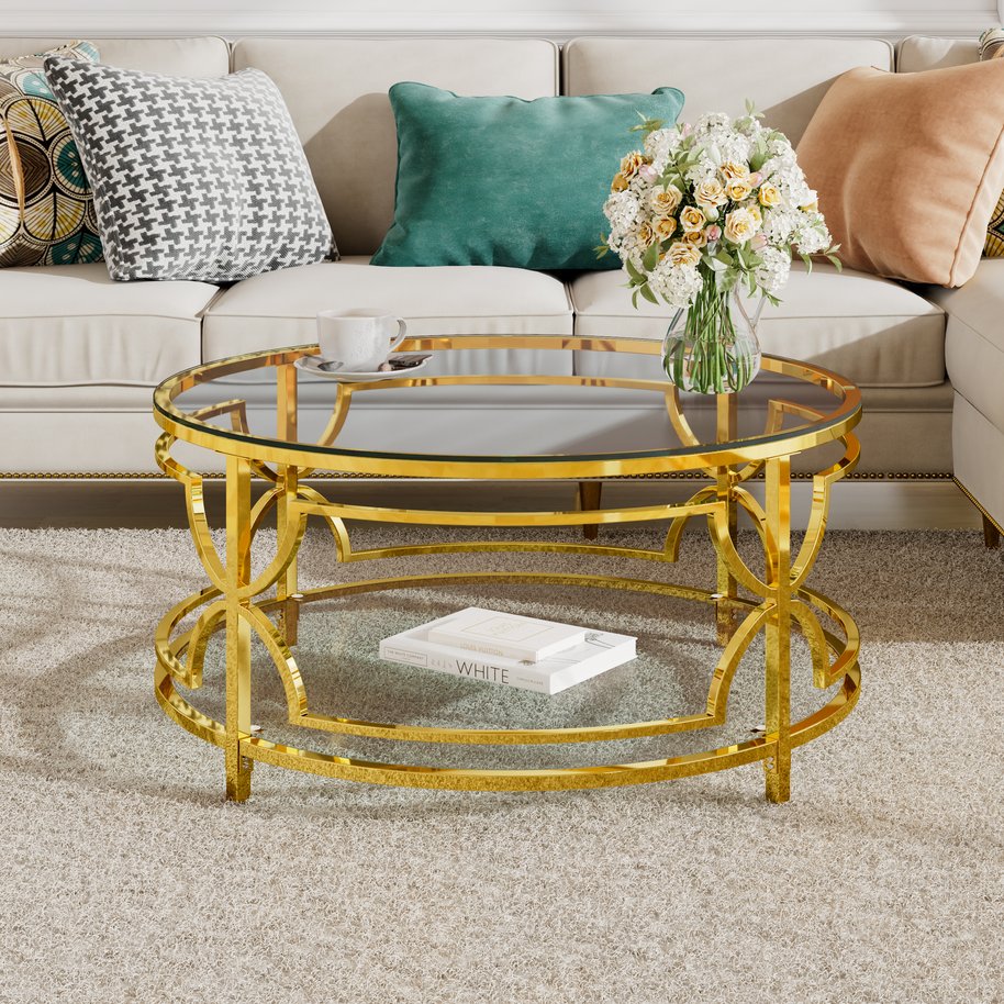 English Elm Round Tempered Glass Coffee Table with Gold Geometric Metal Base and Open Storage Shelf Transparent N735P396530K