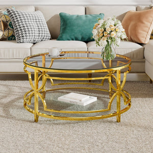 English Elm Round Tempered Glass Coffee Table with Gold Geometric Metal Base and Open Storage Shelf Transparent N735P396530K