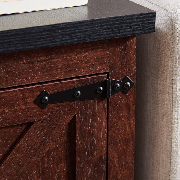 English Elm Farmhouse Rustic End Table with Barn Door Concealed Storage, Metal Handle, Retro Decor, Sturdy Base Oak W2275P192794