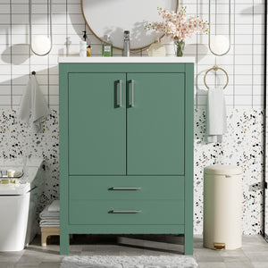 English Elm 24'' Green Bathroom Vanity with Ceramic Sink Combo — Modern Freestanding MDF & Solid Wood Storage, Soft-Close Doors, Silver Handles N710P228364F