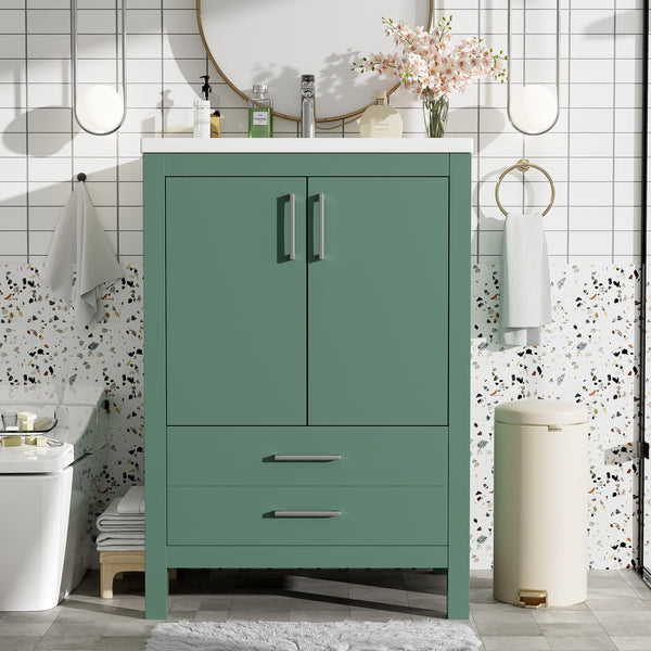English Elm 24'' Green Bathroom Vanity with Ceramic Sink Combo — Modern Freestanding MDF & Solid Wood Storage, Soft-Close Doors, Silver Handles N710P228364F