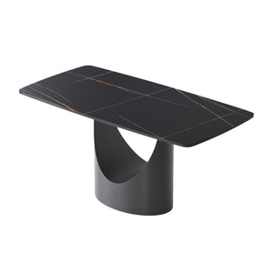 English Elm 63" Modern Dining Table With Curved Black Stone Top & Sturdy Iron Legs For 6-8 People Gatherings W1535S00559