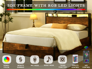 English Elm Lift-Up Storage Bed Frame: Full-Sized Platform Bed With Led Lights, Charging Station & Rustic Brown Finish W1916P184709