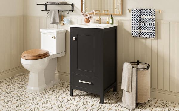 English Elm 18-Inch Modern Bathroom Vanity with Ceramic Sink, Soft-Close Doors, Divider Drawer & Adjusting Feet Black N729P334854B