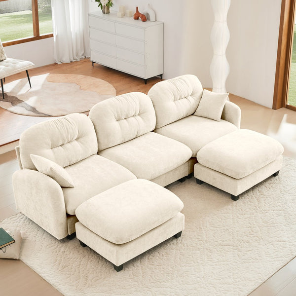 English Elm Modular U-Shaped Sectional Couch With Ottoman, Premium Chenille, Tufted Backrest, 2 Pillows, Beige W714S01369