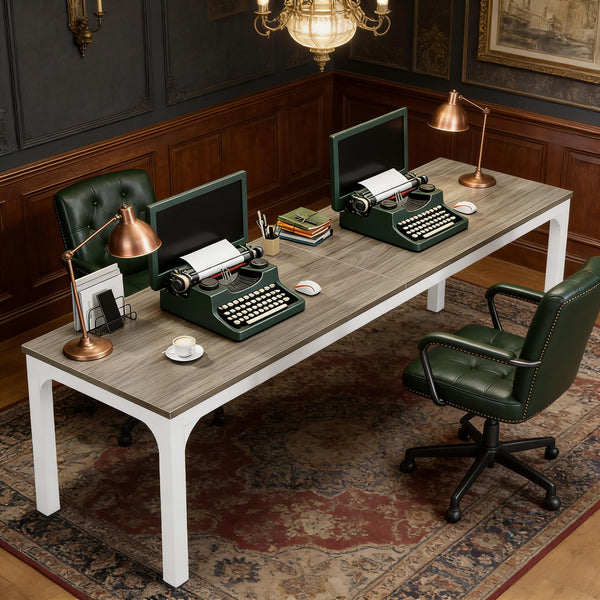 English Elm Dual Workstation Computer Desk with Iron Pipe Legs for Two Person Home Office Taupe T3971P460790