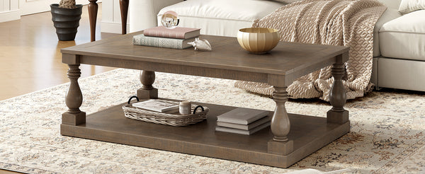 English Elm U_style Pine Veneer Coffee Table with Sculptural Turned Legs for Classic Living Room Decor Brown N711P407149D
