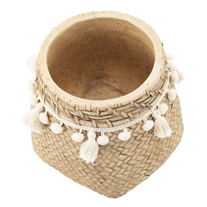 English Elm Set Of 2 Stylish 6.5" Brown Cement Planters With Woven Tassels - Perfect For Small Plants & Decor! W2078P326608-GIGA